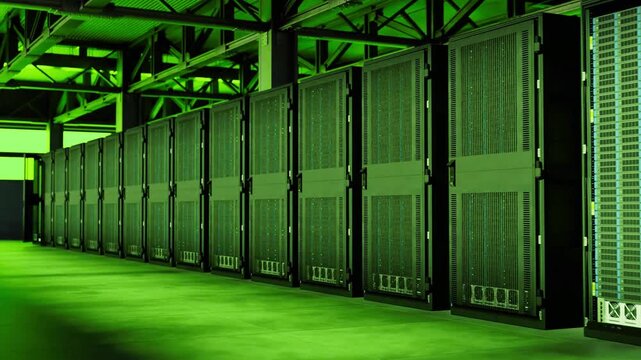 Industrial server farm with green lighting in large scale data center facility rack technology infrastructure computing storage rack technology infrastructure computing storage