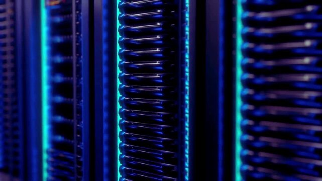 Modern server room with glowing blue hardware racks in data center cloud computing digital storage internet technology network infrastructure tech equipment