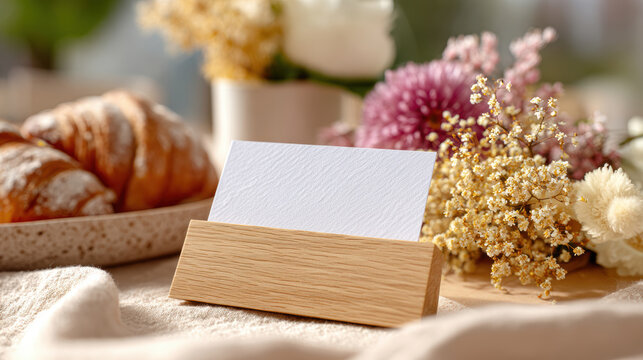Greeting card mockup on wooden holder with dried flowers and croissant breakfast scene for wedding invitation design, cafe menu insert and tabletop stationery styling