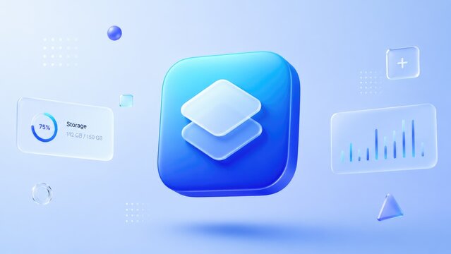 Glossy blue 3D app icon with stacked layers and floating UI panels showing charts and storage metrics