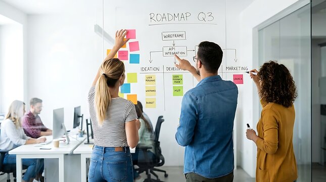 Creative product development team planning business workflow roadmap with colorful sticky notes on glass wall during collaborative office brainstorming work session.