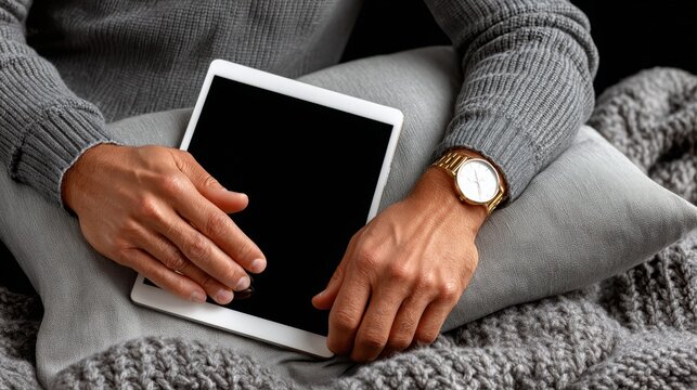 Hands holding tablet on a knit blanket and wearing a wristwatch for user interface testing, e learning demo, digital reading tutorial, online course preview and lifestyle app showcase