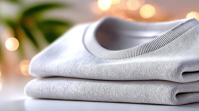 Two folded light grey ribbed crewneck sweaters stacked on bright surface with blurred festive bokeh lights and plant in background minimalist cozy arrangement