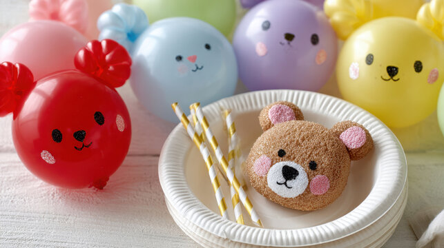 Colorful twisted balloon figures on a kids birthday table with a bear shaped cookie on a paper plate for party decoration and children's dessert table styling and celebration