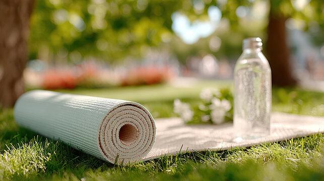 Rolled yoga mat on grass with water bottle in park for outdoor fitness background and wellness lifestyle scene in soft morning light