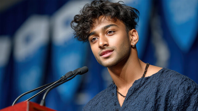 Youth speaker at swami vivekananda jayanti observance with blue backdrop for event poster and motivational background use