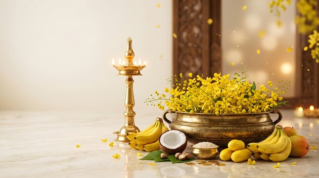 Vishu festival celebration with traditional brass lamp with bowl yellow Cassia fistula flowers