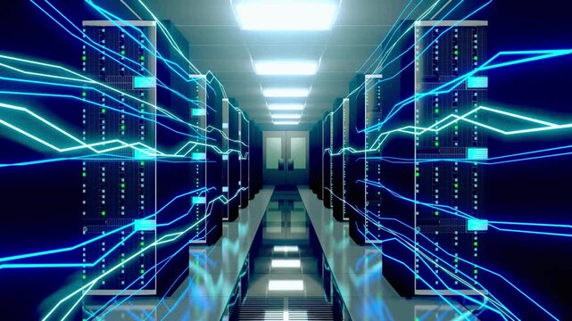 Advanced data center with glowing light trails representing digital network connections server room information technology cloud connectivity tech innovation cyber network