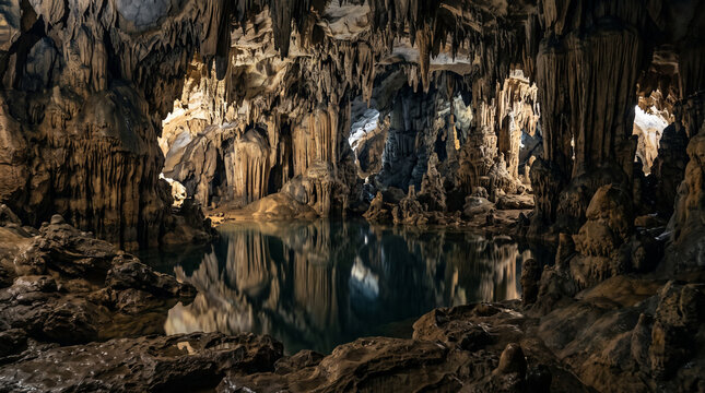 Stalagmites and stalactites hang inside a dark limestone cavern above a still pool.