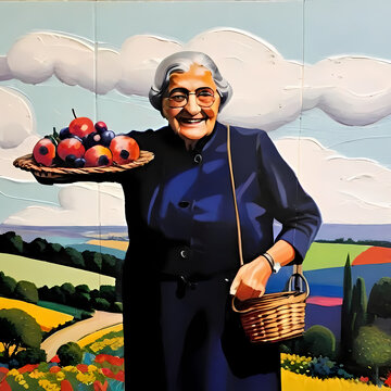 Smiling senior woman holding plate of fresh fruit and wicker basket countryside landscape background oil painting style vector illustration