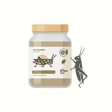 Cricket protein powder jar, sustainable entomophagy food tech flat design illustration