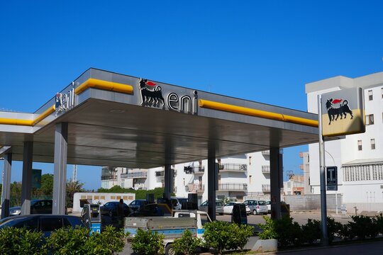 TRANI, ITALY - APRIL 20, 2026: Eni brand gas station street view in Trani, Apulia region of Italy.