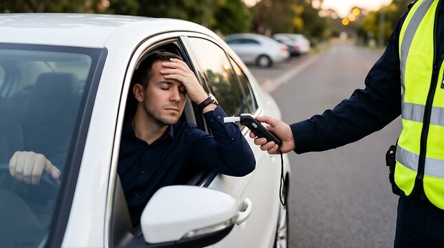 Police officer administers breathalyzer test to stressed male driver stopped on roadside during dusk with patrol cars in background.