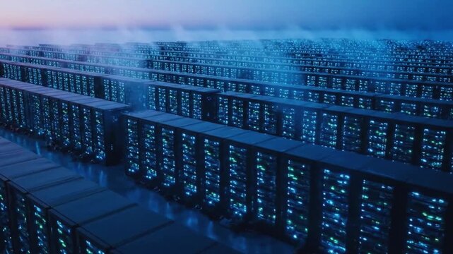 Large scale server farm data center with glowing blue hardware racks and cooling vapor mist server room cloud computing digital infrastructure network storage computer hardware