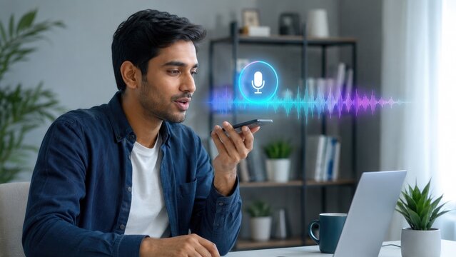 Young man speaking into a smartphone with a glowing microphone icon and audio waveform in a home office, using voice command and dictation while working on a laptop