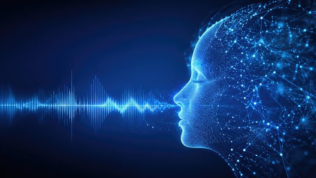 Blue digital profile of an AI-powered human head emitting a sound waveform, representing voice AI, neural networks, speech technology and data connectivity