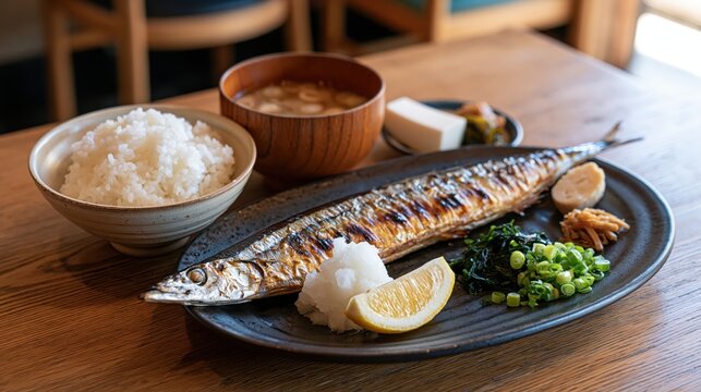 japanese grilled sanma set meal with rice and miso soup