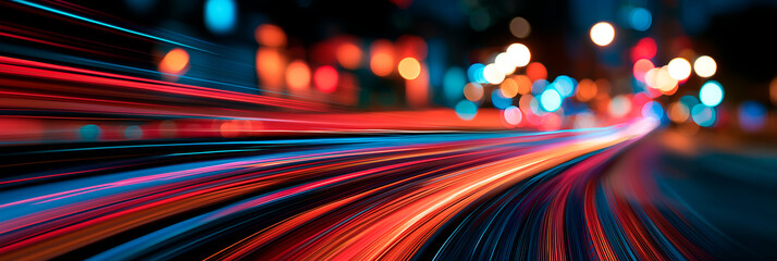 Dynamic long exposure photograph of vibrant car light trails forming abstract patterns at a busy city intersection at. banner © Enrique