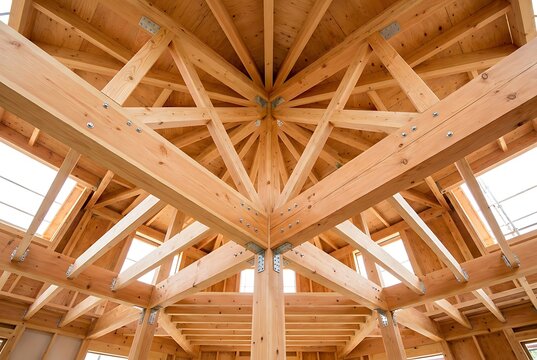Intricate wooden beam ceiling structure in a building under construction, showing geometric wooden trusses and metal connectors for architectural design.