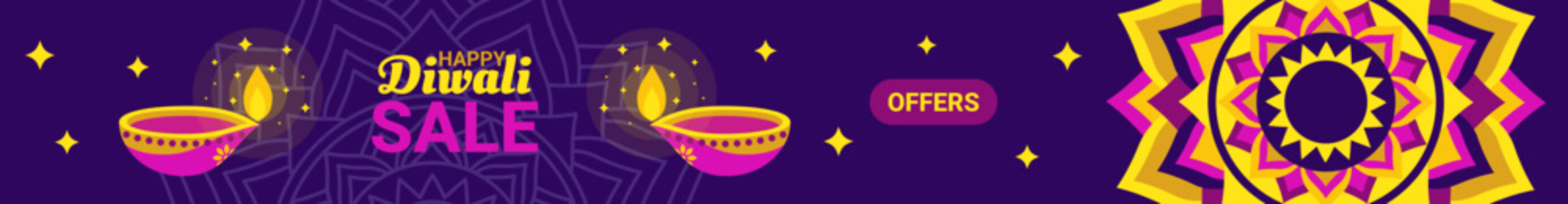 Happy Diwali sale banner header template with glowing diya lamps and colorful mandala rangoli on dark purple background. Flat style. Vector illustration