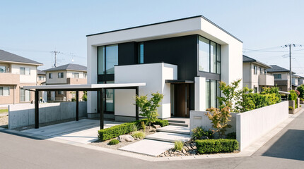 Fototapeta premium Modern white and black minimalist house exterior with carport and garden