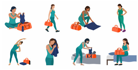 Fototapeta premium Women preparing for workout and gym routine illustration set. Flat vector characters packing sports bags, stretching, and getting ready for exercise.