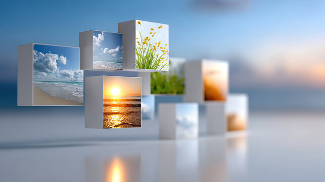 Floating grid collage of framed landscape images over soft reflective surface for multi image display mockup and modern family memory wall concept