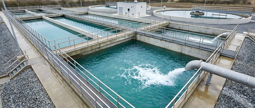 Modern water treatment facility with rectangular aeration tanks and round clarifiers for clean water production.