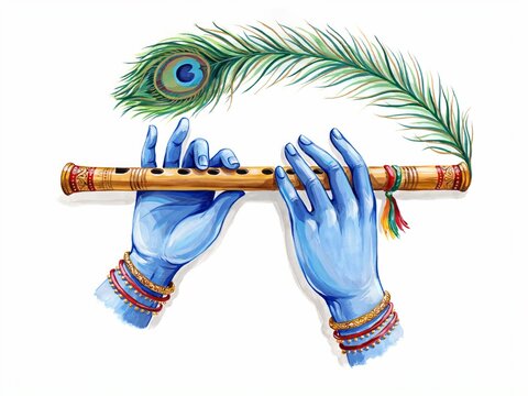 Happy Janmashtami concept showing Lord Krishna blue hands and bansuri vector