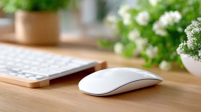 Sleek white wireless mouse on warm wooden desk next to low profile keyboard and blurred greenery in natural light for desktop accessory mockup and online store product imagery