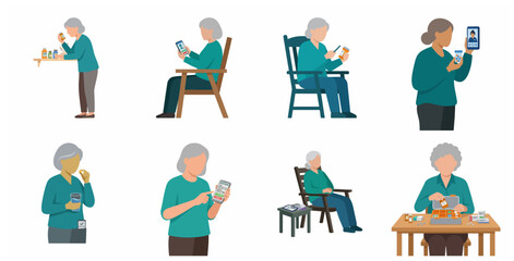 Fototapeta premium Senior Woman Managing Medication and Healthcare Using Telehealth and Mobile App Technology Illustration Set
