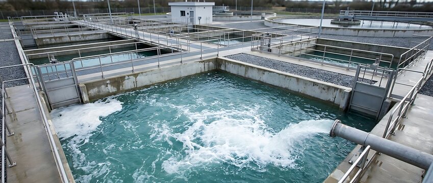 Environmental water purification plant showing aeration basins and settling tanks in daylight.