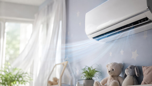 Wall-mounted split air conditioner blowing cool air in a cozy blue children's bedroom with stuffed toys