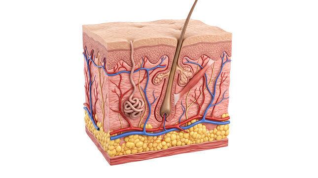Skin cross section layers showing human anatomy with hair follicle dermis epidermis sweat gland blood vessels and adipose fat tissue isolated in a highly detailed medical 3D scientific render for educ