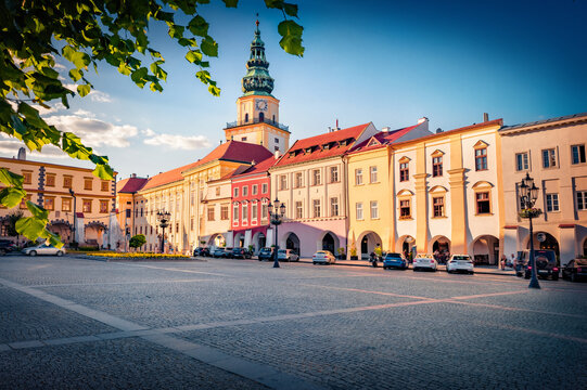 Тшсу view of Archbishop's Castle Tower - chateau with sumptuous rococo rooms, ceiling frescoes, an art museum and formal gardens. Sunny summer cityscape of Kromeriz, Czech Republic, Europe. 
