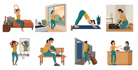 Fototapeta premium Set of vector illustrations showing a woman's daily routine including waking up, yoga, packing, and hotel check-in