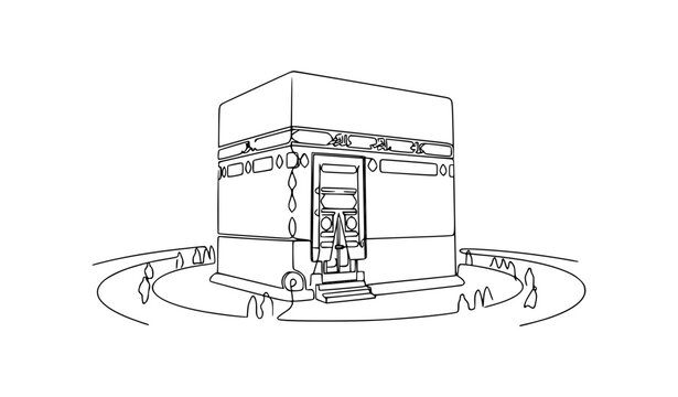 Kaaba and Hajj Pilgrims One Line Art Islamic Pilgrimage Vector Illustration