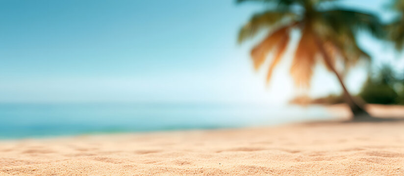 A palm tree with a blurry silhouette and a sandy beach background, featuring a tropical atmosphere. Adequate space for text or images.