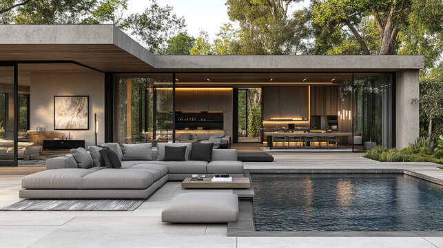 Modern Luxury Villa Exterior with Infinity Pool and Outdoor Lounge Area, Contemporary Architecture, Lush Greenery