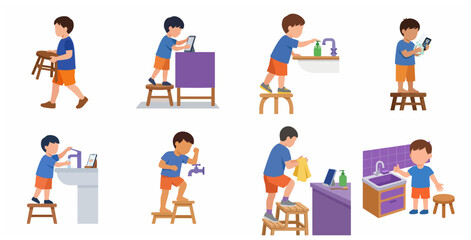 Fototapeta premium Little boy using a step stool for hygiene and daily activities vector illustration set