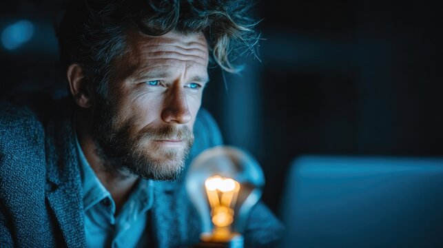 Side view young male professional laptop modern office holographic light bulb icon creative thinking innovation success concept image