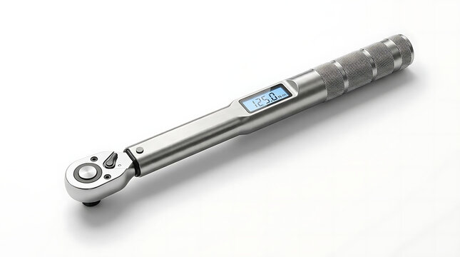 Modern digital torque wrench on plain white surface.