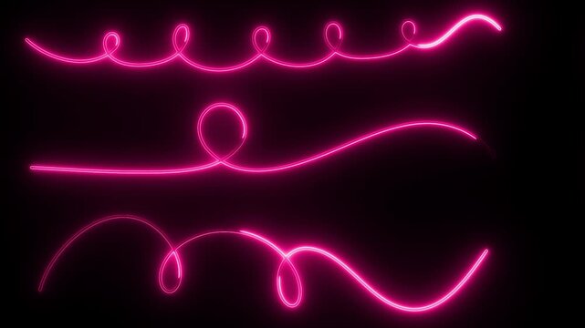 Pink neon glowing continuous line loops and swirly divider lines animation dark background