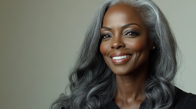 Close-up portrait of an elegant middle-aged African American woman with long, wavy silver hair and a warm smile, against a neutral background, suitable for beauty, wellness, and li