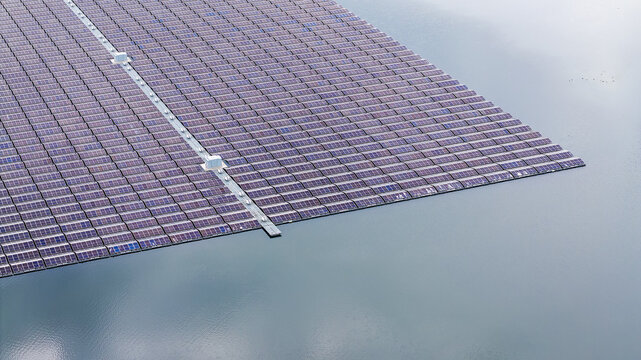 Aerial view of a large floating solar farm on a calm lake, with rows of photovoltaic panels arranged in a grid pattern on the water surface in Nij Beets, Friesland, Netherlands.