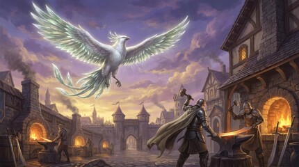 Fototapeta premium Giant white bird flying over medieval blacksmith village scene.