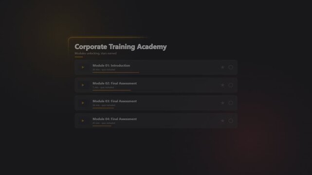 Corporate training academy interface with interactive module list and progress