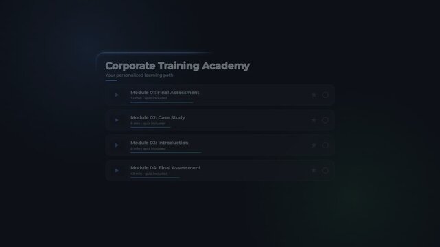 Corporate training academy interface with digital learning path module list