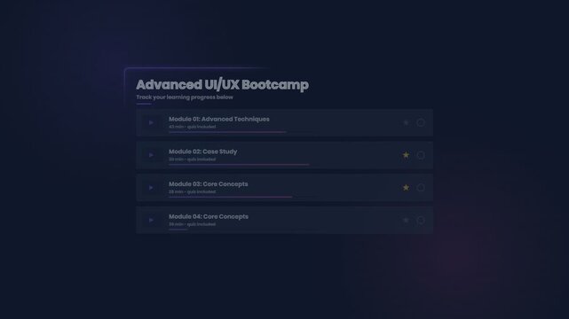 Advanced ui ux bootcamp course progress dashboard interface with module list