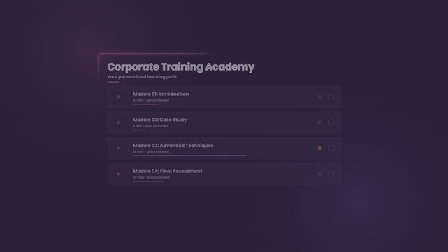 Corporate training academy interface with a personalized learning path module